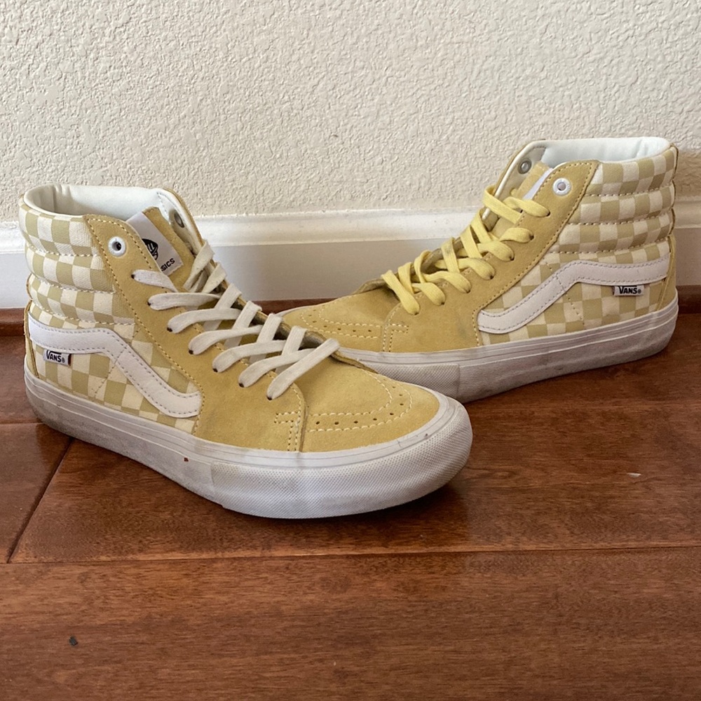 used vans pro yellow checkered high tops